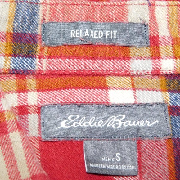 Eddie Bauer Men S Relaxed Fit Red Cream Blue Plaid Button Front LS Flannel Shirt - Picture 2 of 9